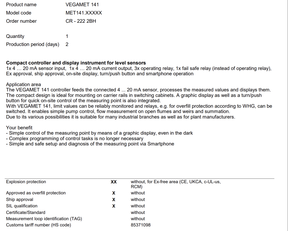 VEGAMET 141 MET141.XXXXX CR-222 2BH Proses Göstergeli Kontrol Ünitesi