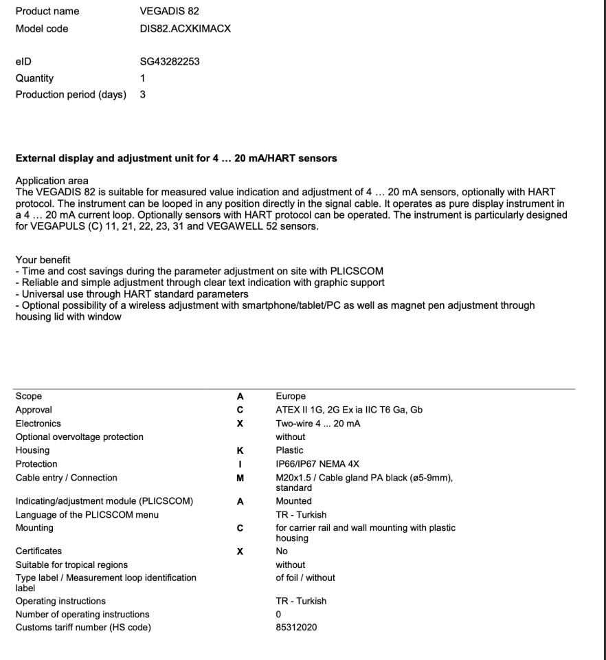 VEGADIS 82 DIS82.ACXKIMACX ATEX Harici Gösterge Modülü